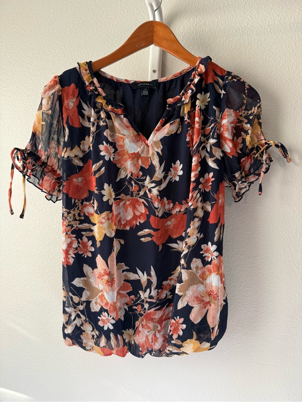 Tamara H. Floral V-Neck Short Sleeve Blouse - Navy with Coral & Cream